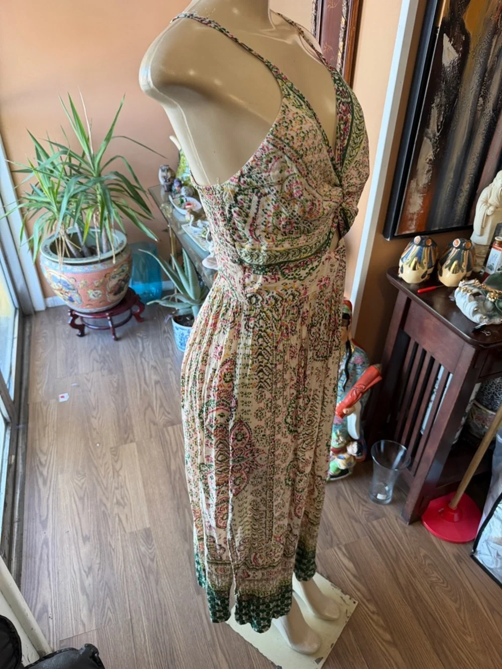 Boho Twist-Front‎ Floral Maxi Dress in Cream and Pink